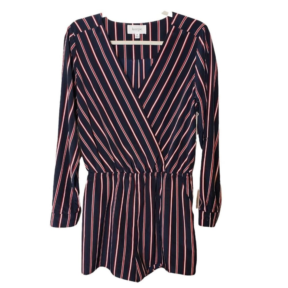 Striped Navy & Red Long-Sleeve Wrap Romper By Korye pockets Size M‎